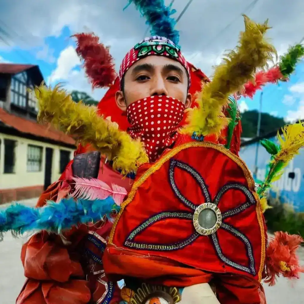Colorido joven con atuendo tradicional, máscara y plumas durante celebración cultural en una calle de México.