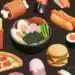 Comida rápida y snacks de juguete con temática de alimentos, sushi, hot dog, pizza, hamburguesa, y más, ilustración de alimentos en miniatura.