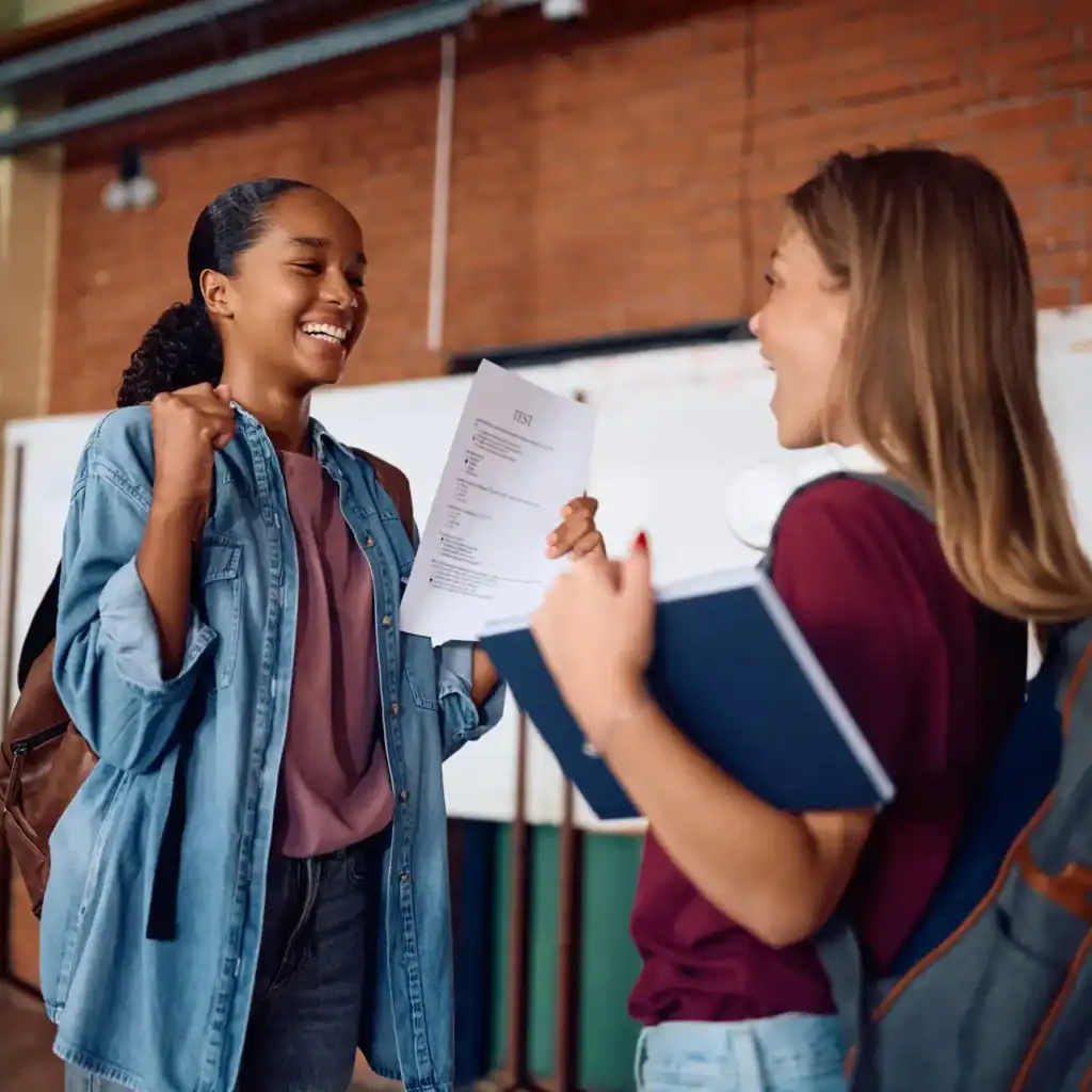 Estudiantes felices celebrando logro académico en aula con certificados y mochila, diversidad cultural, educación y éxito escolar, motivo de orgullo y satisfacción académica. – SoyMigrante.com REVISTA