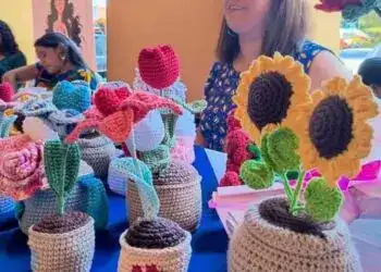 Vocales de flores en maceteros tejidos a mano, exposición de artesanalidades durante evento cultural, artistas creando obras de arte en crochet, mercado de artesanías tradicionales, técnicas de tejido en lana natural, eventos culturales en SoyMigrante.com REVISTA.