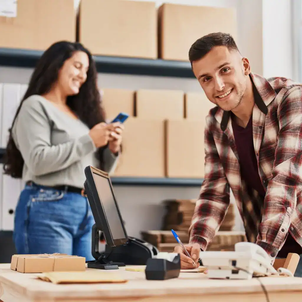 Trabajador migrante en oficina, posando sonriendo y firmando documento, entorno de trabajo con computadora y cajas de archivo, representando historias de migrantes y trabajo en el extranjero en SoyMigrante.com REVISTA. – SoyMigrante.com REVISTA