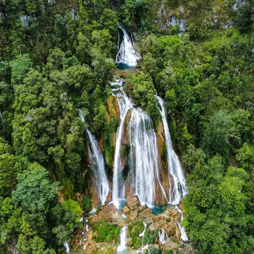 Cascada rodeada de densa vegetación tropical en un entorno natural, ideal para turismo de aventura y ecoturismo. – SoyMigrante.com REVISTA
