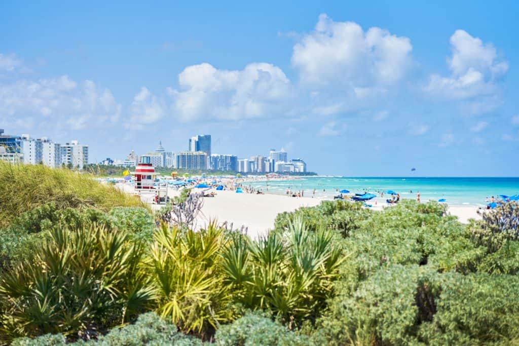 Vistas de la playa en Cancún con arena blanca, palmeras, cielo despejado y edificios en el horizonte, ideal para artículos sobre turismo, migrantes y destinos en México.