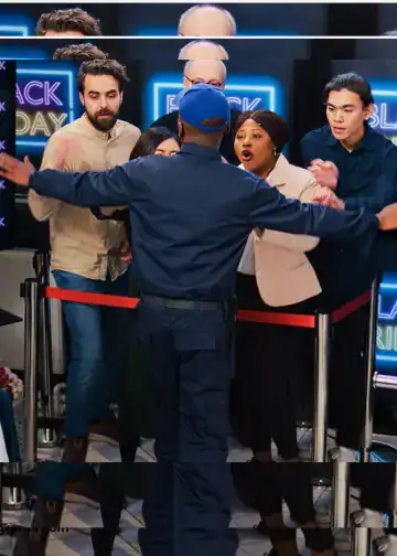 Persona en un enfrentamiento en un evento cultural, rodeada de jóvenes desconocidos, en un espacio con pantallas de neon que dicen "Black Friday". – SoyMigrante.com REVISTA