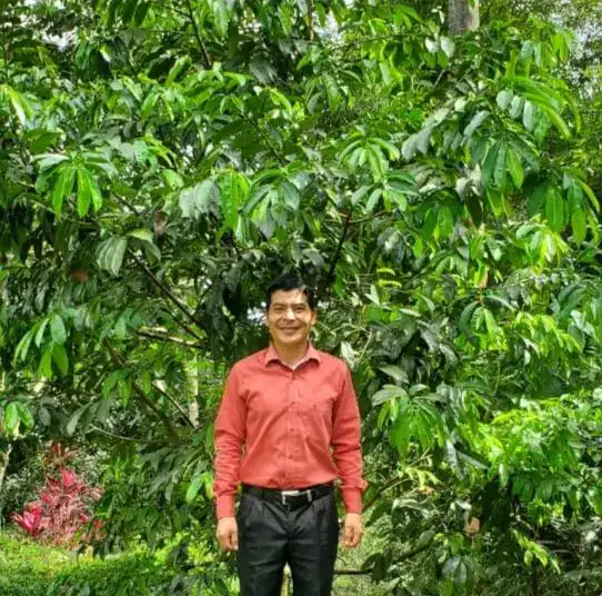 Amplio árbol de hoja perenne con un hombre sonriendo en medio de la naturaleza, símbolo de crecimiento y sostenibilidad para artículos de agricultura y medio ambiente en SoyMigrante.com REVISTA.