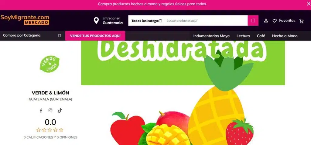 Atractiva imagen de frutas deshidratadas como mango, fresa y piña, destacando productos naturales y sanos en la tienda online SoyMigrante.com con enfoque en productos orgánicos y comercio justo.