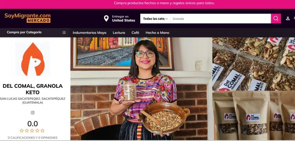 A woman smiling holding granola and seeds products from Del Comal, Granola Keto, displayed on SoyMigrante.com REVISTA, showcasing Guatemalan handmade food products for healthy eating and cultural entrepreneurship. – SoyMigrante.com REVISTA