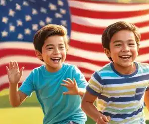 Diversión infantil en un parque con bandera de Estados Unidos al fondo. Niños sonriendo y jugando en un ambiente alegre y multicultural.