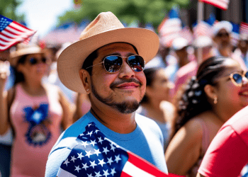 Vendedor hispano en desfile del Día de la Independencia de EE.UU con banderas estadounidenses.