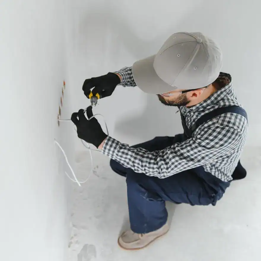 Instalador eléctrico adaptándose a las normativas de seguridad en un espacio interior.