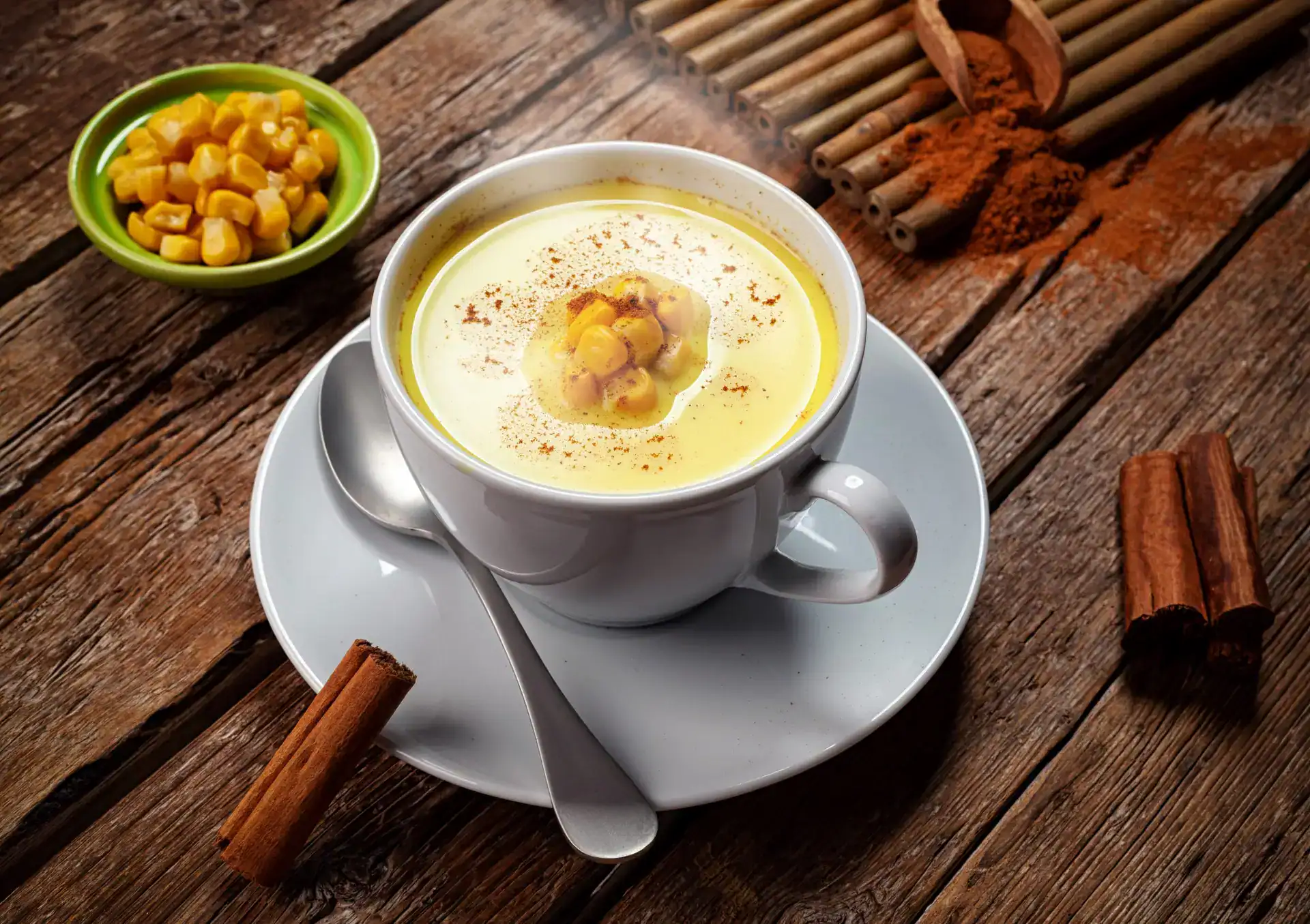 Tazón de crema de elote y canela en plato blanco, acompañada de maíz y canela en un fondo de madera rustic; gastronomía tradicional mexicana, bebida caliente, sabor auténtico.