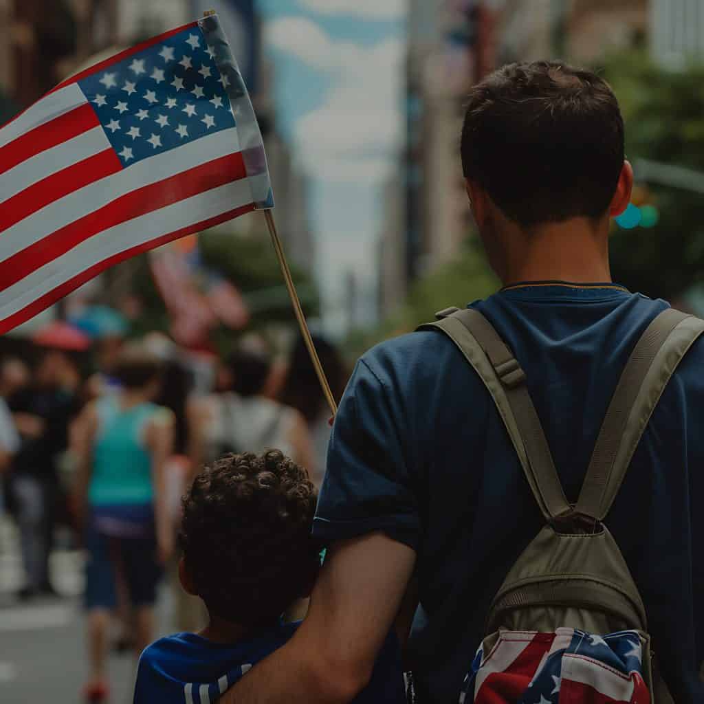 Joven con mochila y bandera estadounidense en una marcha o celebración, representando el migrante y la comunidad en Estados Unidos, en contexto de inmigración y diversidad cultural. – SoyMigrante.com REVISTA