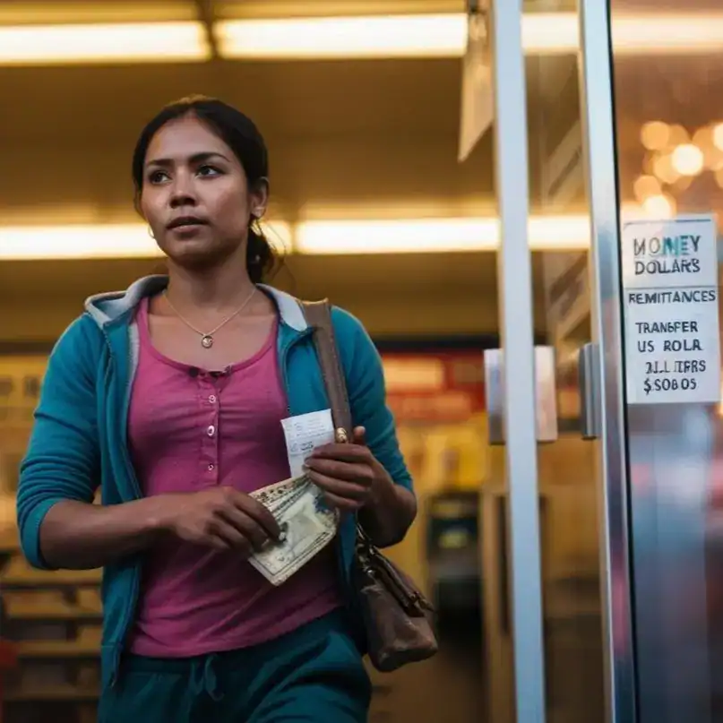 Dinámica mujer migrante en un cajero automático con billetes y recibo, en un entorno urbano, promoviendo servicios financieros para inmigrantes y resaltando temas de remesas y transferencia de dinero en América Latina.