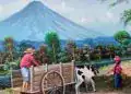Montaña de volcán en el fondo, agricultores trabajando en el campo con vacas, paisaje rural de cultivo y naturaleza en la cultura latinoamericana, en una ilustración artística para revista SoyMigrante.com REVISTA. – SoyMigrante.com REVISTA