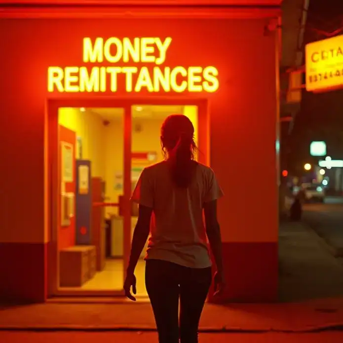 Remesas de dinero img, mujer en noche frente a casa de remesas, servicios de envío de dinero para migrantes, dinero internacional transferencia, fotografía atmósfera nocturna remesas. – SoyMigrante.com REVISTA