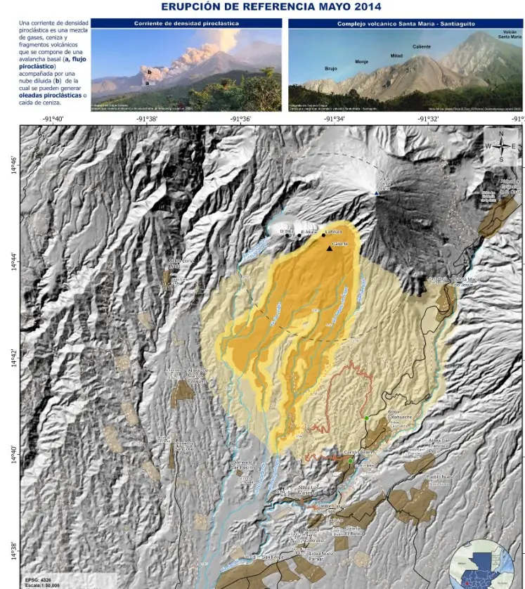 Area de influencia de la actividad del volcán Santiaguito, según el Instituto Nacional de Sismología, Vulcanología, Meteorología e Hidrología de Guatemala, Insivumeh.