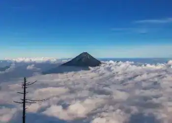 Majestuoso volcán cubierto de nubes y cielo azul en una vista panorámica en la revista SoyMigrante.com REVISTA. Volcan de Agua desde el Acatenango