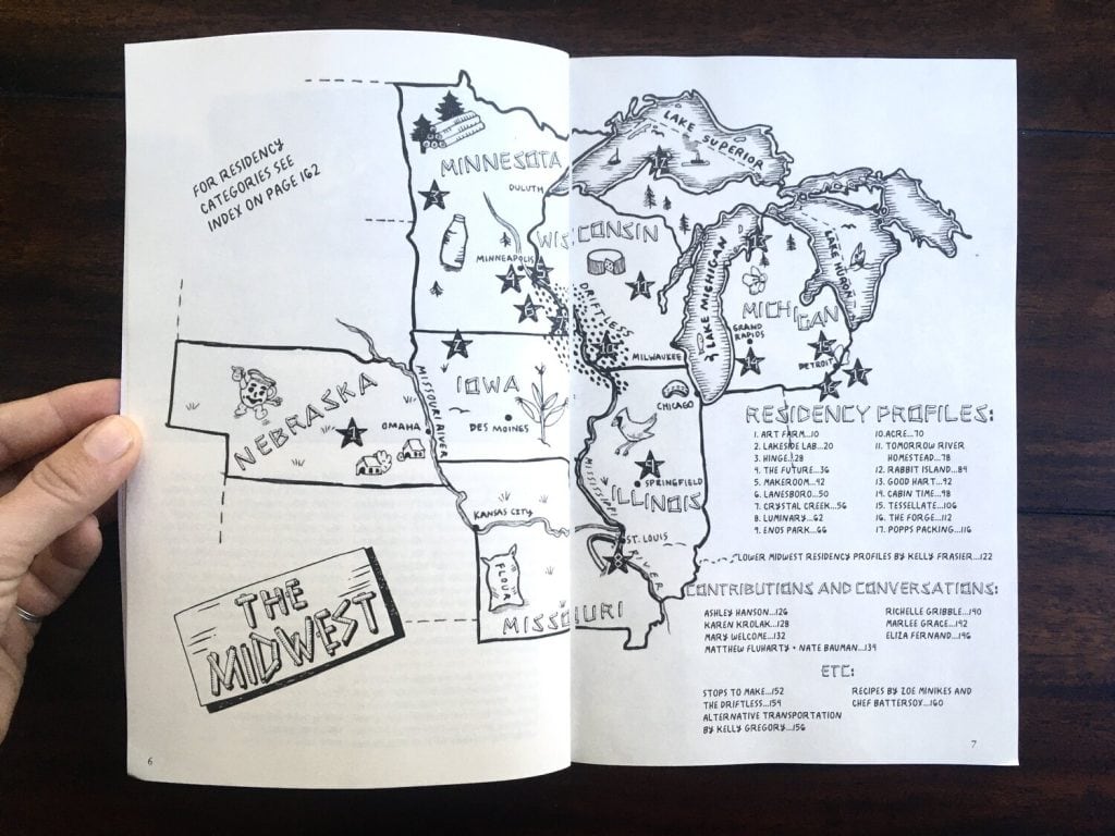 Mapa artístico de Estados Unidos en la revista SoyMigrante.com, destacando perfiles de residencias y contribuciones en distintas regiones del país, con gráficos y notas informativas.