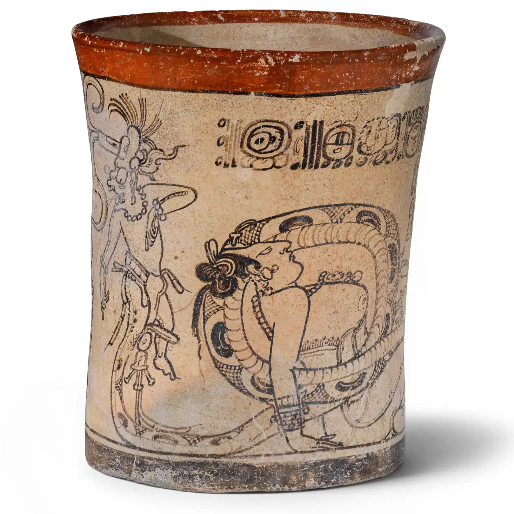Joyas mayas migrantes: Señora Luna envuelta por una serpiente, vaso conservado en Los Angeles