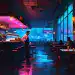 Bar de restaurante con ambiente nocturno en tonos neón, con paredes de cristal, mesas y sillones, donde hay un camarero atendiendo a los clientes en un escenario urbano moderno y vibrante.