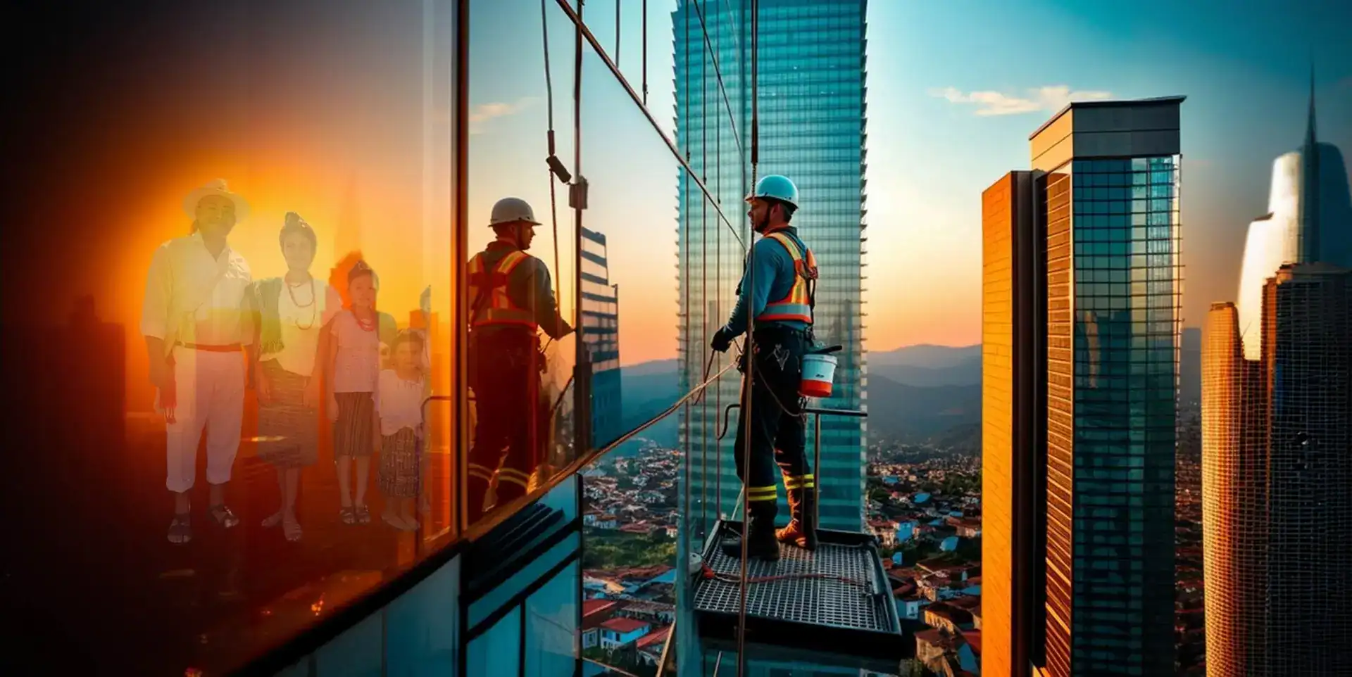 Las remesas migrantes son mucho más que dinero: son amor, perseverancia, esfuerzos por ahorrar gastos en Estados Unidos para poder enviar recursos a padres, hijos, hermanos, cónyuge, en Guatemala: es una convicción que tiene impacto macroeconómico. (Imagen generada con Envato Labs) – SoyMigrante.com REVISTA Trabajadores de construcción en altura limpiando y manteniendo los cristales de un rascacielos en una ciudad moderna durante el atardecer, reflejando progreso y seguridad laboral. – SoyMigrante.com REVISTA