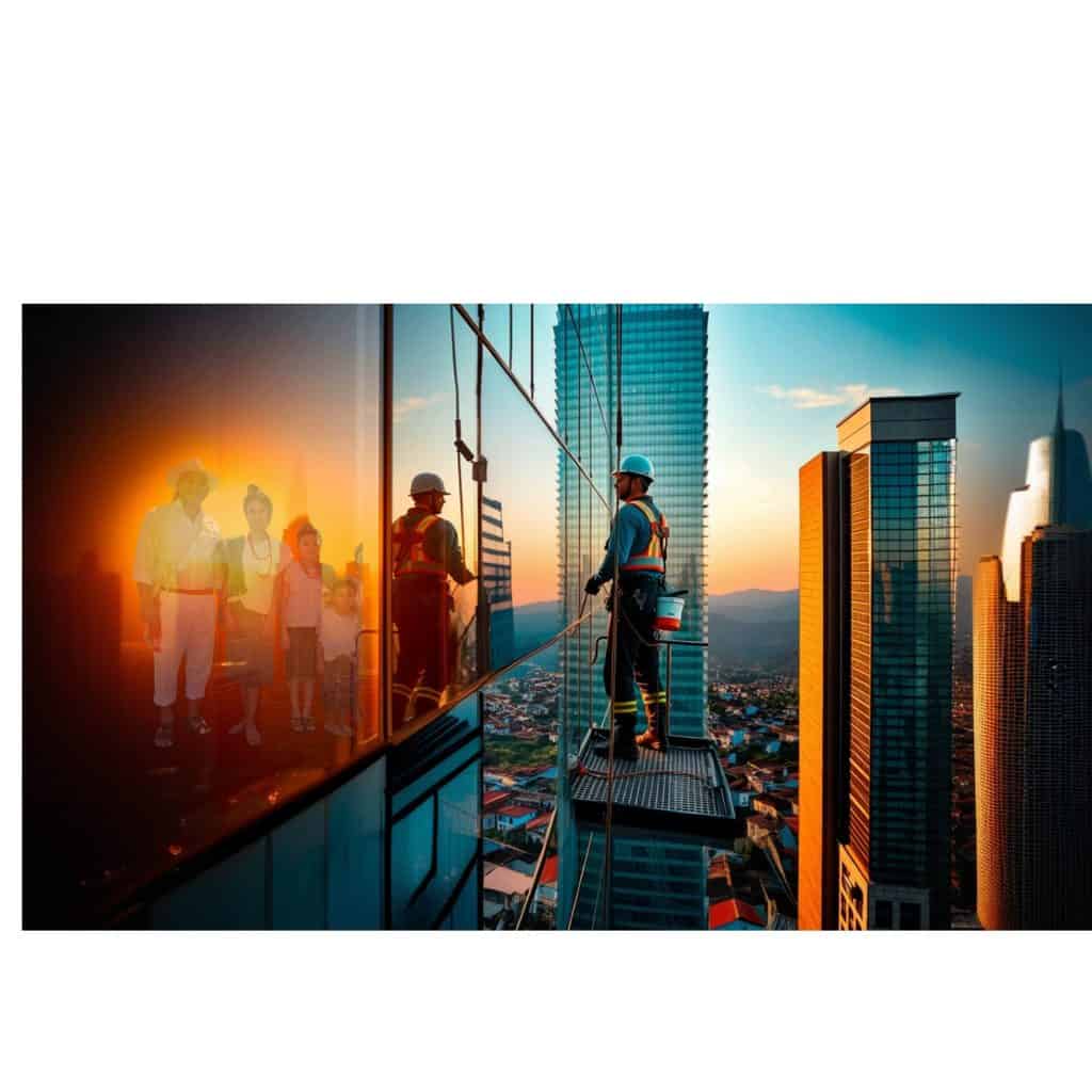 Trabajadores de la construcción limpiando las ventanas de un rascacielos en ciudad moderna al atardecer, destacando seguridad laboral y desarrollo urbano. – SoyMigrante.com REVISTA