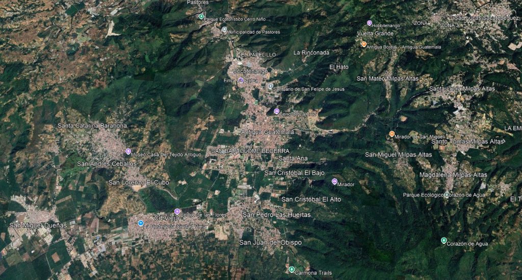 En esta visualización de Google Earth se pueden ver muchos de los municipios y aldeas de Sacatepéquez. En el centro se puede ver la cabecera, Antigua Guatemala. – SoyMigrante.com REVISTA En esta visualización de Google Earth se pueden ver muchos de los municipios y aldeas de Sacatepéquez. En el centro se puede ver la cabecera, Antigua Guatemala. – SoyMigrante.com REVISTA