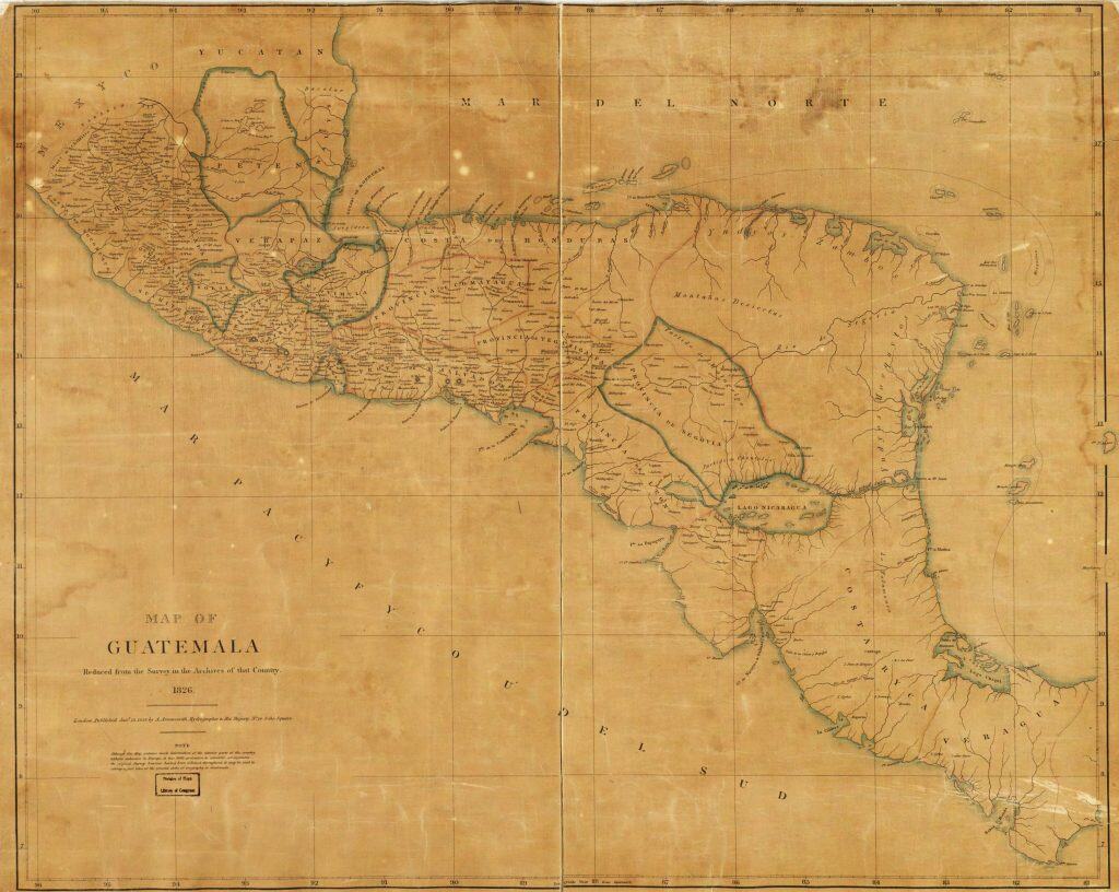 Histórico mapa antiguo de Guatemala, ilustrando su territorio en 1826, con detalles de ríos, lagos y provincias, patrimonio cultural e historia para artículos sobre migración y raíces guatemaltecas. – SoyMigrante.com REVISTA