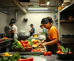 Venta de comida saludable en un restaurante. Personal preparando y cortando verduras frescas en una cocina moderna y limpia. Mujeres y hombres involucrados en la preparación de alimentos con ingredientes naturales.