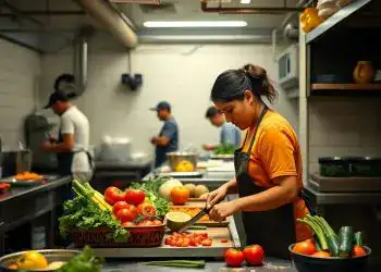 Venta de comida saludable en un restaurante. Personal preparando y cortando verduras frescas en una cocina moderna y limpia. Mujeres y hombres involucrados en la preparación de alimentos con ingredientes naturales.