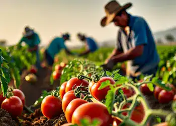 Tomates y trabajadores agrícolas en un campo al atardecer, promoviendo la agricultura migrante y el trabajo digno en la agricultura en México.