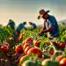 Tomates y trabajadores agrícolas en un campo al atardecer, promoviendo la agricultura migrante y el trabajo digno en la agricultura en México.