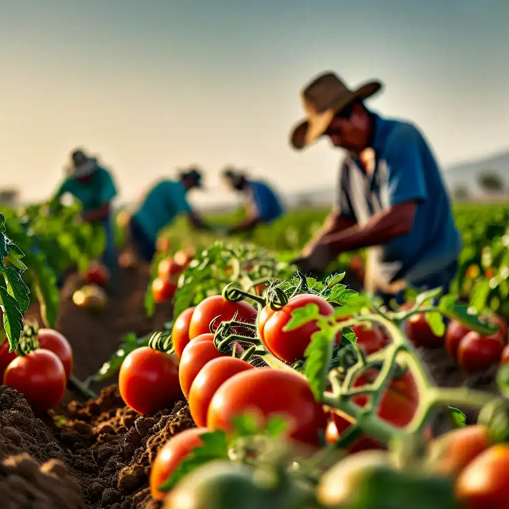 Tomates y trabajadores agrícolas en un campo al atardecer, promoviendo la agricultura migrante y el trabajo digno en la agricultura en México.