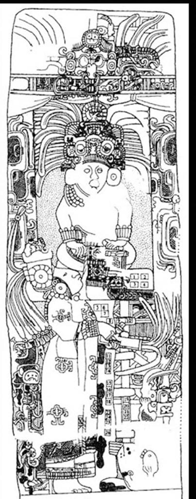 Dibujo de arte mesoamericano con figuras y símbolos tradicionales, con motivos culturales y religiosos, en estilo gráfico en blanco y negro que refleja la historia y mitología de las civilizaciones antiguas. – SoyMigrante.com REVISTA