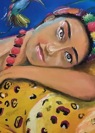 Hermosa pintura de una mujer con accesorios tradicionales y colores vibrantes, representando cultura y arte latinoamericano en SoyMigrante.com REVISTA. – SoyMigrante.com REVISTA