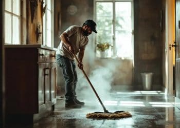 Barredor limpiando suelo con vapor en interior de casa en estilo rústico; ambiente cálido y natural, ideal para contenido de limpieza ecológica y estilos de vida sostenibles.