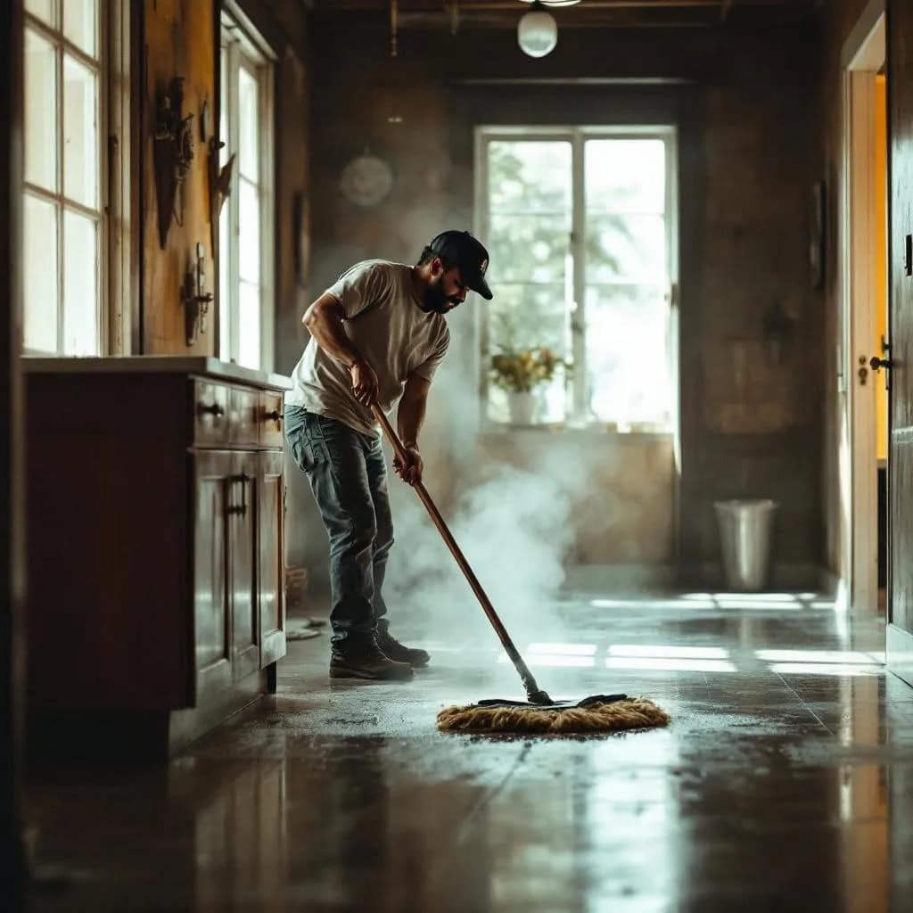 migrante trabaja para enviar remesas – SoyMigrante.com REVISTA Barredor limpiando suelo con vapor en interior de casa en estilo rústico; ambiente cálido y natural, ideal para contenido de limpieza ecológica y estilos de vida sostenibles.