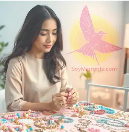 Joven mujer vendiendo y mostrando accesorios y bisutería colorida en un puesto, con logo de SoyMigrante.com REVISTA en fondo, reflejando emprendimiento y cultura migrante. – SoyMigrante.com REVISTA