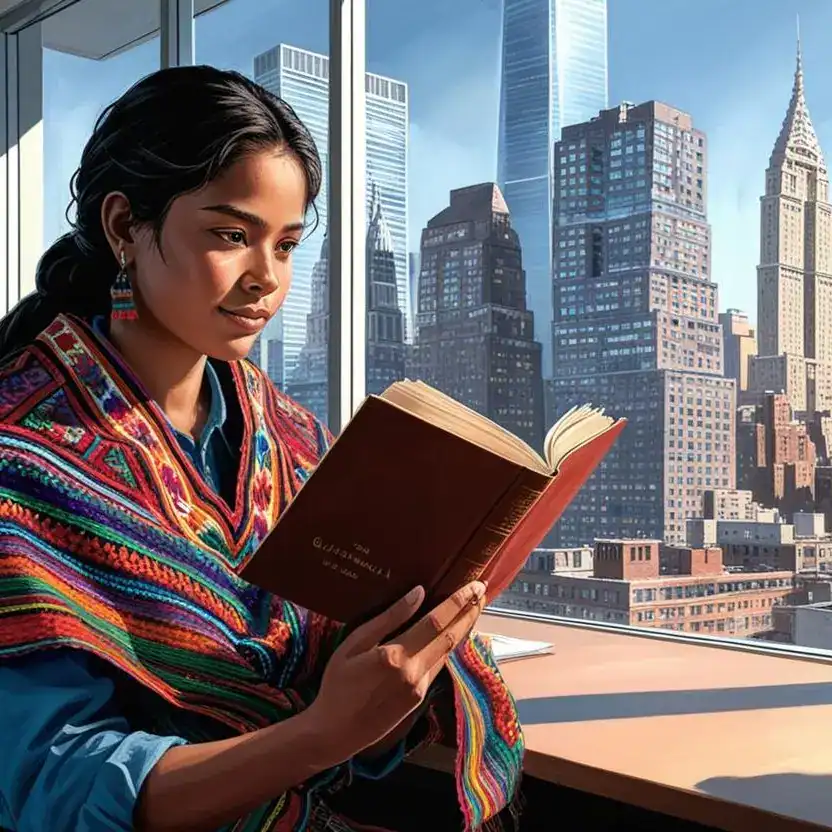 Diversa mujer indígena leyendo un libro en una oficina con vista a la ciudad de Nueva York, promoviendo cultura, migración y diversidad.