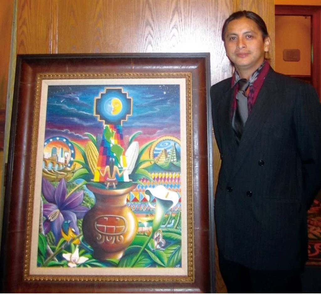 Esta fue la pintura que, literalmente, le abrió las primeras puertas a Alex Jalapa en Minnesota en 2016: fue para una actividad que unía a pueblos hispanos e indígenas. La obra aún sigue en exhibición en el consulado de México de dicho Estado. (Foto cortesía Alex Jalapa) – SoyMigrante.com REVISTA Esta fue la pintura que, literalmente, le abrió las primeras puertas a Alex Jalapa en Minnesota en 2016: fue para una actividad que unía a pueblos hispanos e indígenas. La obra aún sigue en exhibición en el consulado de México de dicho Estado. (Foto cortesía Alex Jalapa) – SoyMigrante.com REVISTA