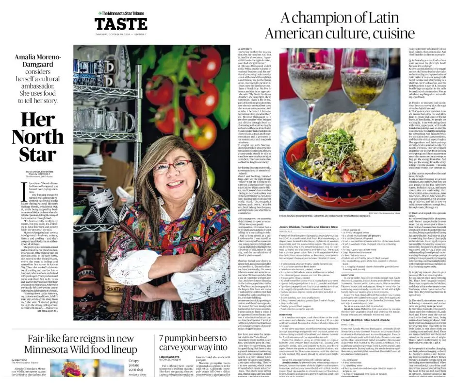 La trayectoria, conferencias y libros de Amalia Moreno han sido reseñados en medios de comunicación de Minnesota y otros Estados. Este títular Su estrella del Norte" se refiere a su abuelita Mélida, con quien dio sus primeros pasos en la cocina cuando era solo una niña, en Quetzaltepeque, Chiquimula.