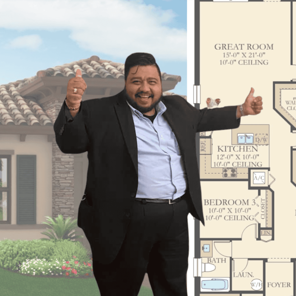 Casa moderna con plano de vivienda en diseño arquitectónico y un hombre sonriendo y dando un pulgar arriba. – SoyMigrante.com REVISTA