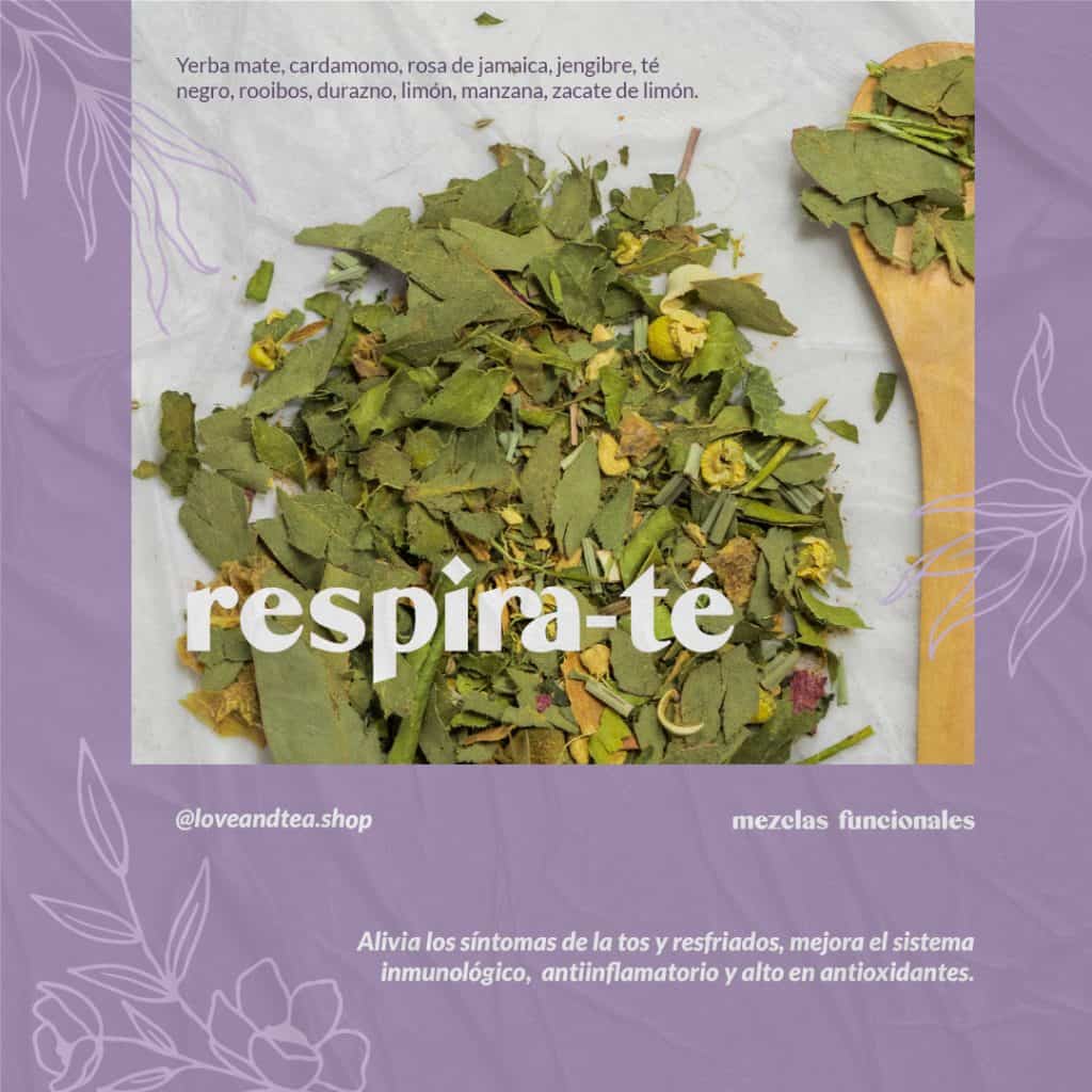 Hierba respira-té, mezcla funcional para aliviar síntomas de tos, resfriados y fortalecer el sistema inmunológico con ingredientes naturales como tomillo, rosa de jamaica y jengibre.