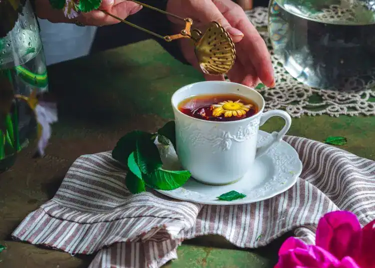 Copa de té con flor decorativa en taza blanca, rodeada de flores y plantas, en un ambiente acogedor y natural.