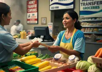 Compra y transferencia de dinero, servicios de compra en supermercados y asistencia financiera para migrantes en Estados Unidos y México, en un supermercado con atención personalizada.