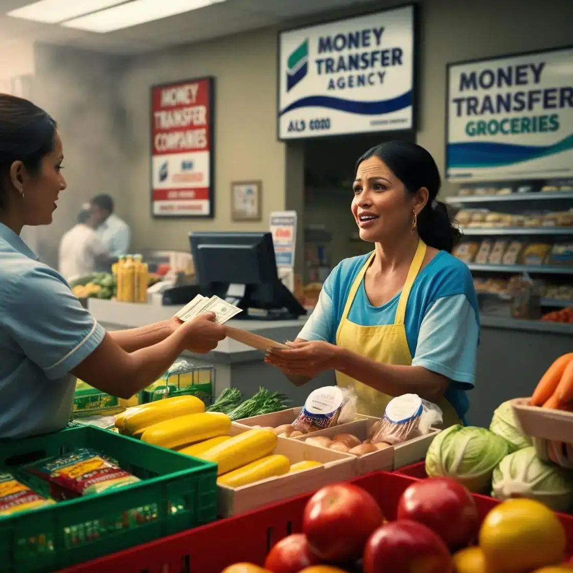 Compra y transferencia de dinero, servicios de compra en supermercados y asistencia financiera para migrantes en Estados Unidos y México, en un supermercado con atención personalizada.