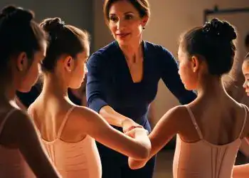 Niña bailarinas con maestra de ballet en clase de danza clásica.