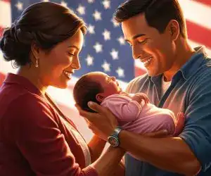 Celebración familiar con un bebé frente a la bandera de Estados Unidos, símbolo de orgullo y amor paternal en un momento emotivo y lleno de esperanza.