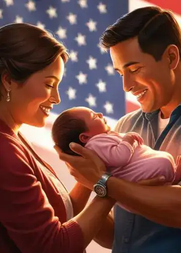 Celebración familiar con un bebé frente a la bandera de Estados Unidos, símbolo de orgullo y amor paternal en un momento emotivo y lleno de esperanza. – SoyMigrante.com REVISTA