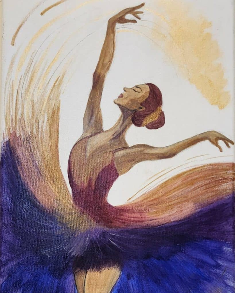 Bailarina bailando en un fondo colorido, resaltando la gracia y la expresión artística en un estilo ilustrativo y dinámico.